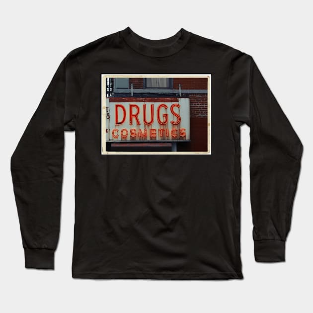 Drugstore Neon Sign in the East Village - Kodachrome Postcards Long Sleeve T-Shirt by Reinvention